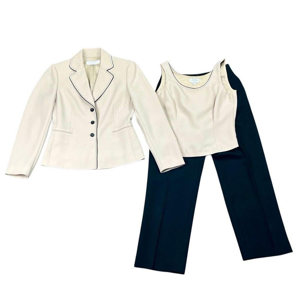 Tahari Vintage Cream Classic 3-piece 3-button Career Pant Suit 4 Petite